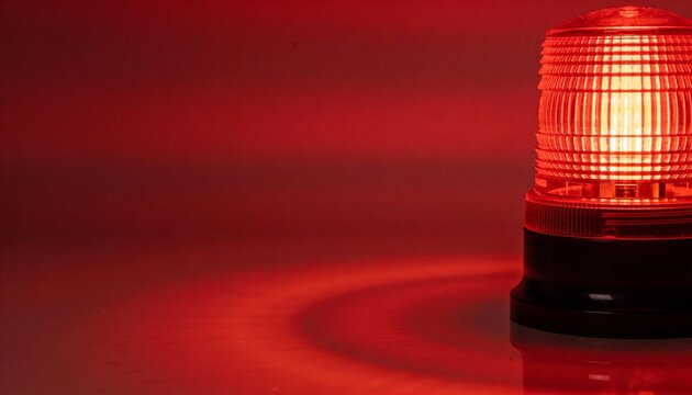 Glowing Red Emergency Rotating Light Beacon on Reflective Surface. Danger Warning Alarm and Security Siren Concept. Flashing Signal for Police, Ambulance or Fire Truck on Red Background.