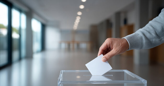 Person casting a vote by placing a ballot into a transparent ballot box in a modern, well-lit indoor polling station