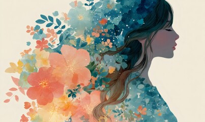 Woman profile transforming into vibrant watercolor flowers and leaves, symbolizing spring, nature, and beauty