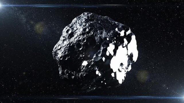 Shiny asteroid in space with bright light