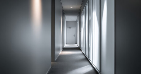 Empty modern corridor with closed door at the end and natural light casting shadows on walls and floor