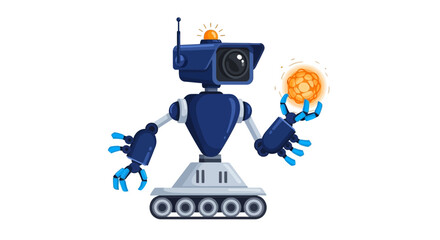 Obraz premium Robot holding a cryptocurrency coin, standing on a metallic platform, with mechanical arms and a camera on its head