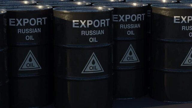 Oil barrels close up representing energy export, geopolitics and global fuel supply. Loop animation for news, sanctions topics, economic reports and financial media. Part of collection.