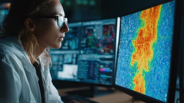 Medium shot of a scientist interacting with AI models on a computer screen using predictive algorithms to forecast potential wildfire outbreaks