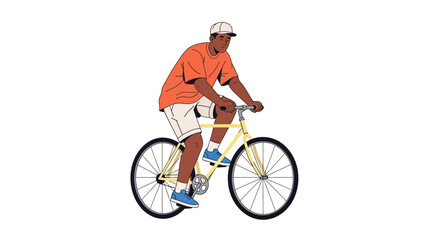 Obraz premium Man Riding Yellow Bicycle Illustration with Orange Shirt and White Cap