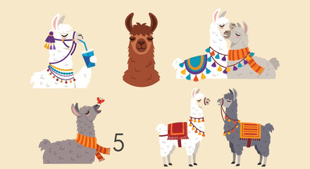 Fototapeta premium Illustrations of cartoon llamas wearing colorful blankets and scarves in various poses, showcasing different designs and vibrant patterns