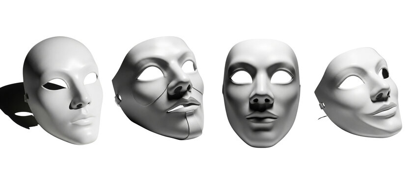 Collection of four stark white anonymous masks with dramatic shadows.