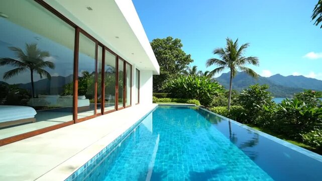 Modern villa with infinity pool overlooks tropical landscape and mountains.