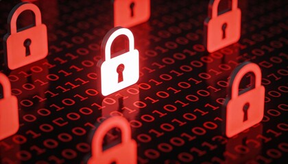 Glowing Red Digital Padlocks on Dark Binary Code Background. Cyber Security Ransomware Attack and Malware Virus Concept. Hacker Threat and System Lock Technology 3D Illustration.