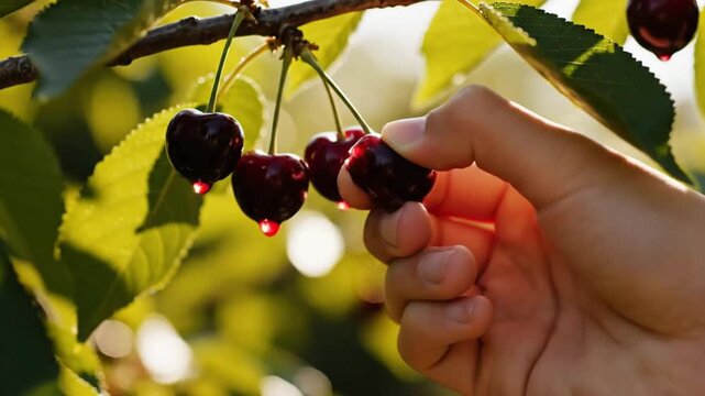 Hand Picking Ripe Cherries from Tree Branch with Green Leaves Summer Harvest cherry hand picking cherries