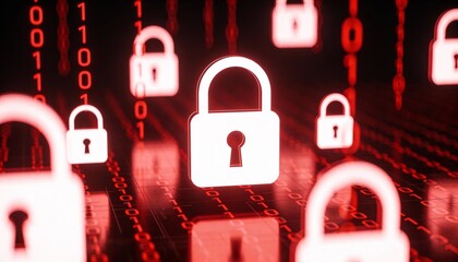 Glowing Red Digital Padlocks on Dark Binary Code Background. Cyber Security Ransomware Attack and Malware Virus Concept. Hacker Threat and System Lock Technology 3D Illustration.