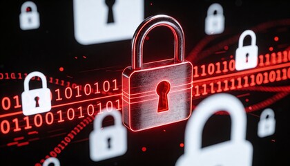 Glowing Red Digital Padlocks on Dark Binary Code Background. Cyber Security Ransomware Attack and Malware Virus Concept. Hacker Threat and System Lock Technology 3D Illustration.