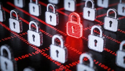Glowing Red Digital Padlocks on Dark Binary Code Background. Cyber Security Ransomware Attack and Malware Virus Concept. Hacker Threat and System Lock Technology 3D Illustration.