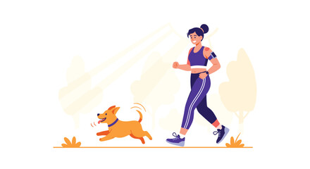 Naklejka premium Energetic woman happily jogging with her cheerful dog in a picturesque park setting, promoting a healthy lifestyle, outdoor exercise, and pet companionship.