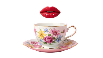 Floating lips above floral teacup, isolated on transparent background