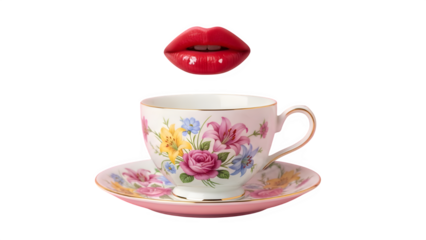 Floating lips above floral teacup, isolated on transparent background