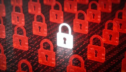 Glowing Red Digital Padlocks on Dark Binary Code Background. Cyber Security Ransomware Attack and Malware Virus Concept. Hacker Threat and System Lock Technology 3D Illustration.