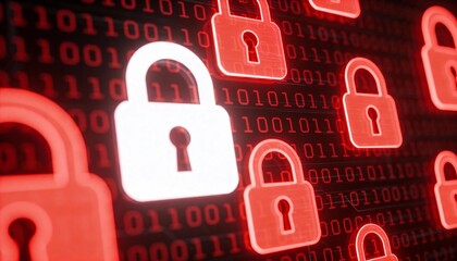 Glowing Red Digital Padlocks on Dark Binary Code Background. Cyber Security Ransomware Attack and Malware Virus Concept. Hacker Threat and System Lock Technology 3D Illustration.