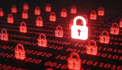 Glowing Red Digital Padlocks on Dark Binary Code Background. Cyber Security Ransomware Attack and Malware Virus Concept. Hacker Threat and System Lock Technology 3D Illustration.