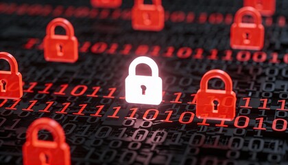 Glowing Red Digital Padlocks on Dark Binary Code Background. Cyber Security Ransomware Attack and Malware Virus Concept. Hacker Threat and System Lock Technology 3D Illustration.