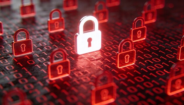 Glowing Red Digital Padlocks on Dark Binary Code Background. Cyber Security Ransomware Attack and Malware Virus Concept. Hacker Threat and System Lock Technology 3D Illustration. - Powered by Adobe