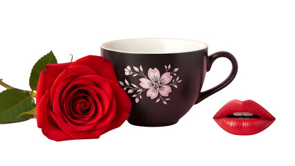 Red rose, floral mug, lips icon isolated on transparent background