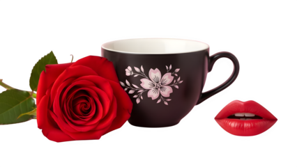 Red rose, floral mug, lips icon isolated on transparent background