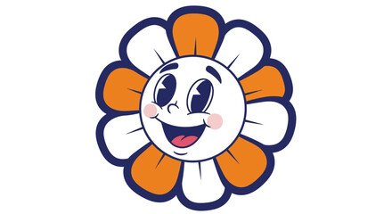 A smiling cartoon flower character with orange and white petals and a friendly face is depicted in a simple illustration style.