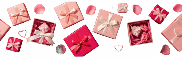 Valentine Overhead view of pink and red gift boxes with rose petals for valentine surprise