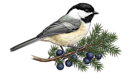 Black-capped Chickadee perched on a branch with blue berries, detailed illustration © John