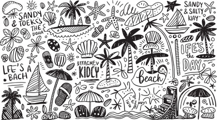 Sandy & Salty Beach Day Doodle Collection: Palm Trees, Sailboats, Umbrellas, and Summer Fun Elements