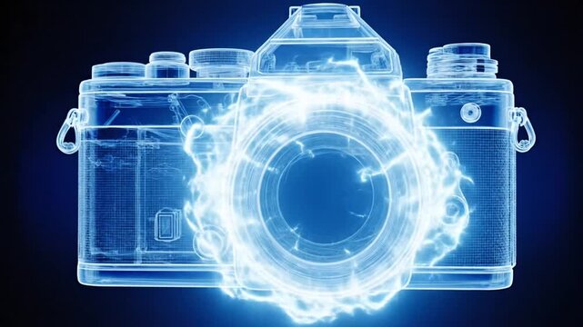 Transparent blue schematic of a camera, with lightning, lens details, and intricate internal structures