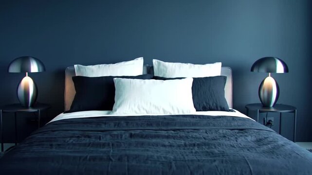 Modern bedroom interior with a dark blue wall and a neatly made bed.
