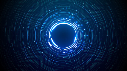 Bright neon circular HUD element on circuit board background. Futuristic chip design with glowing AI portal technology and digital processor patterns. Tech digital frame. Vector bg
