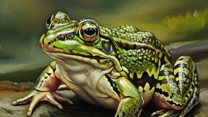 Fototapeta premium Close up portrait of a green frog showcasing vibrant colors and textures