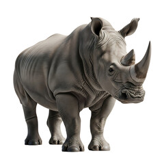 Obraz premium A large gray rhinoceros standing on a transparent background with its horn visible