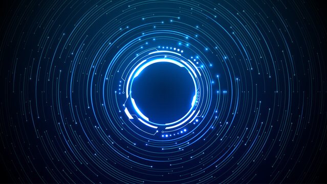 Bright neon circular HUD element on circuit board background. Futuristic chip design with glowing AI portal technology and digital processor patterns. Tech digital frame. Vector bg