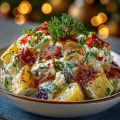 Festive Vegetable Salad with Creamy Dressing and Bokeh Lights