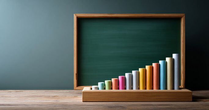 Colorful wooden bar chart with increasing cylindrical bars in front of blank chalkboard on wooden table