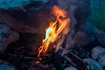 Fototapeta premium A fire lit on the ground in a picnic area, with charcoal.