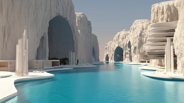 Futuristic utopian arctic landscape with modern white architecture, sculpted cliffs, and serene turquoise water