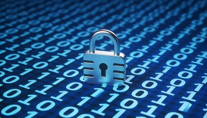 3D Illustration of Metal Padlock on Glowing Blue Binary Code Wave Background. Cyber Security, Data Encryption and Internet Privacy Protection Concept. Digital Network Safety Technology.