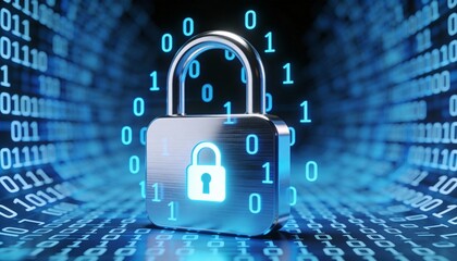 3D Illustration of Metal Padlock on Glowing Blue Binary Code Wave Background. Cyber Security, Data Encryption and Internet Privacy Protection Concept. Digital Network Safety Technology.