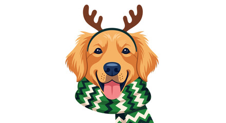 Fototapeta premium A festive golden dog wearing reindeer antlers and a green scarf in a joyful holiday illustration from a straight-on viewpoint