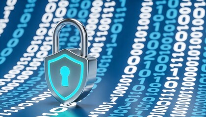 3D Illustration of Metal Padlock on Glowing Blue Binary Code Wave Background. Cyber Security, Data Encryption and Internet Privacy Protection Concept. Digital Network Safety Technology.