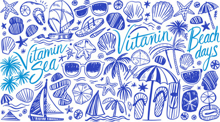 Whimsical hand-drawn blue and white beach icons and phrases collection, perfect for summer and vacation themes