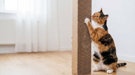 Calico cat stretching and scratching a vertical corrugated cardboard post inside a bright, minimalist home interior.