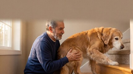 Caring senior man helping his old golden retriever dog walk up the stairs at home. A touching moment of companionship and support for an aging pet.