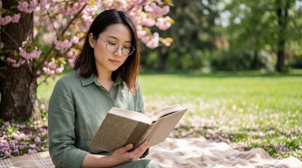 Fototapeta premium Peaceful young Asian woman with glasses reading a hardcover book on a blanket under a blooming cherry blossom tree in a sunny spring park.