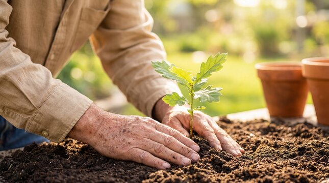 Elderly man's hands carefully planting a green oak seedling in dark fertile soil in a sunny garden with warm morning light.